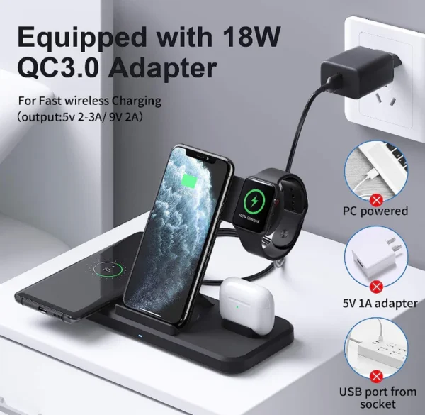 Wireless Charger Multipurpose 4 in 1 Inductive Charging Station 15W Wireless Charger with Adapter Smart Watch Phone Earplugs Charger Unit