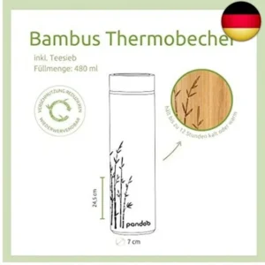 Pandoo Thermo Mug en bambou pour bouteille de thé - Bouteille thermo à double paroi, Mug de voyage,