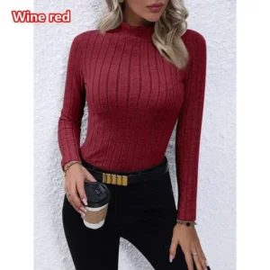 Femmes Col roulé Automne Hiver Haut Col Stylisé Manches Longues Chemisiers Kniited Fashion Pit Strip Slimming Casual Blouses Ladies Sexy Tops