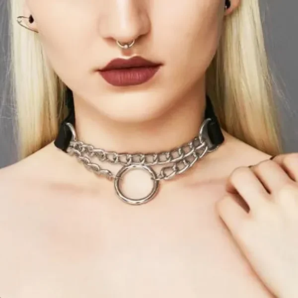 Punk Street Snap PU Leather Choker Metal Ring Chain Love Belt Neck Strap Gothic Nightclub Neck Accessories Goth Belt Adjustable Buckle