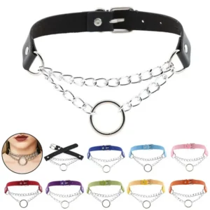 Punk Street Snap PU Leather Choker Metal Ring Chain Love Belt Neck Strap Gothic Nightclub Neck Accessories Goth Belt Adjustable Buckle