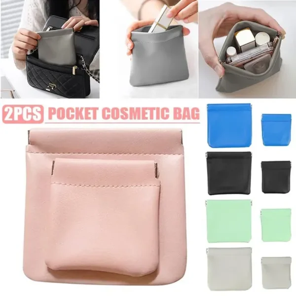 2Pcs Small Makeup Bag for Purse, 2 Size Portable No Make up Spill Mini Pocket Cosmetic Bag No Zipper Design Leather Coin Purse Small Storage Pouch for Lipstick Headphones Jewelry Eyeshadow Palette Etc.