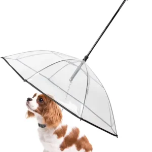 Parapluie pour chien avec laisse pour petits animaux, parapluie pour chiens, longueur du dos 20", poignée en forme de J, surface transparente du parapluie.