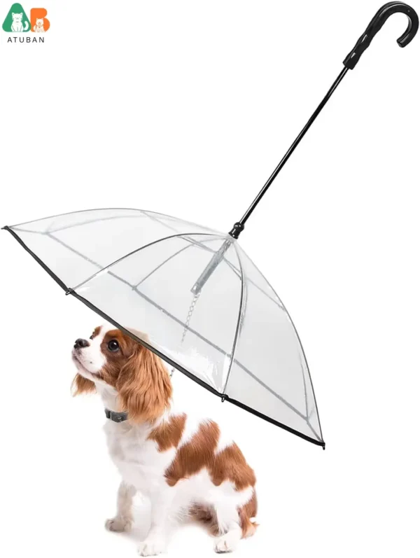 Parapluie pour chien avec laisse pour petits animaux, parapluie pour chiens, longueur du dos 20&quot;, poignée en forme de J, surface transparente du parapluie.