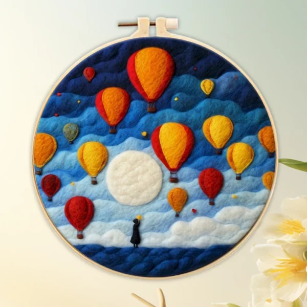 Photocustom Crafts Arts DIY Wool Felting Painting Kit with Frame Handmade Needle Wool Painting Hot Air Balloon for Home Decors Crafts Gift