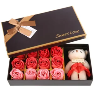 Romantique 12 Rose Flower Bear Gift Box Artificial Simulation Rose with Plush Bear Romantic Gifts for Women Valentine&#039;s Day Wedding Anniversary Birthday Christmas Holiday Decor
