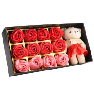 Romantique 12 Rose Flower Bear Gift Box Artificial Simulation Rose with Plush Bear Romantic Gifts for Women Valentine&#039;s Day Wedding Anniversary Birthday Christmas Holiday Decor