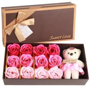 Romantique 12 Rose Flower Bear Gift Box Artificial Simulation Rose with Plush Bear Romantic Gifts for Women Valentine&#039;s Day Wedding Anniversary Birthday Christmas Holiday Decor