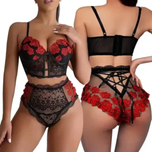 Ensemble de lingerie sexy en dentelle pour femmes Ensemble bralette et culotte en dentelle Lingerie en dentelle à bretelles Motif de rose Cadeau d'anniversaire pour la Saint-Valentin