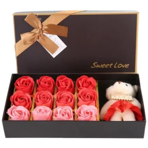 Romantique 12 Rose Flower Bear Gift Box Artificial Simulation Rose with Plush Bear Romantic Gifts for Women Valentine&#039;s Day Wedding Anniversary Birthday Christmas Holiday Decor