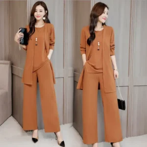 Costumes 3Pcs Fashionable Women Fashion Chiffon Casual Wear Loose Suit Wide Leg Pants + Long Blouse + Sleeveless Shirt Set