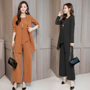 Costumes 3Pcs Fashionable Women Fashion Chiffon Casual Wear Loose Suit Wide Leg Pants + Long Blouse + Sleeveless Shirt Set