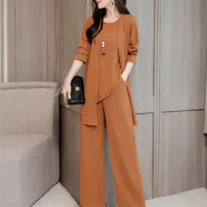 Costumes 3Pcs Fashionable Women Fashion Chiffon Casual Wear Loose Suit Wide Leg Pants + Long Blouse + Sleeveless Shirt Set