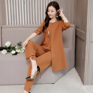 Costumes 3Pcs Fashionable Women Fashion Chiffon Casual Wear Loose Suit Wide Leg Pants + Long Blouse + Sleeveless Shirt Set