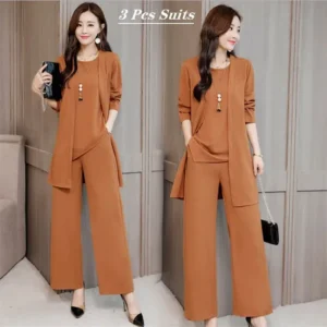 Costumes 3Pcs Fashionable Women Fashion Chiffon Casual Wear Loose Suit Wide Leg Pants + Long Blouse + Sleeveless Shirt Set