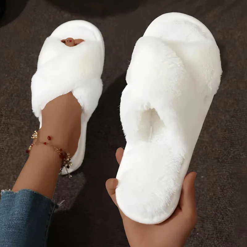 Fashion Cross Strap Cozy Fur Slippers Women Indoor Light Warm Plush Home Slippers Woman Faux Fur Flat Heel Couple Slides plus Size 43 Fashion Cross Strap Cozy Fur Slippers Women Indoor Light Warm Plush Home Slippers Woman Faux Fur Flat Heel Couple Slides plus Size 43