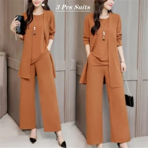 Costumes 3Pcs Fashionable Women Fashion Chiffon Casual Wear Loose Suit Wide Leg Pants + Long Blouse + Sleeveless Shirt Set